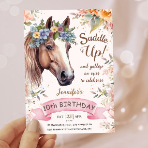 Meisjes Paard 10e Verjaardag Roze Bloemen Zadel Om Kaart