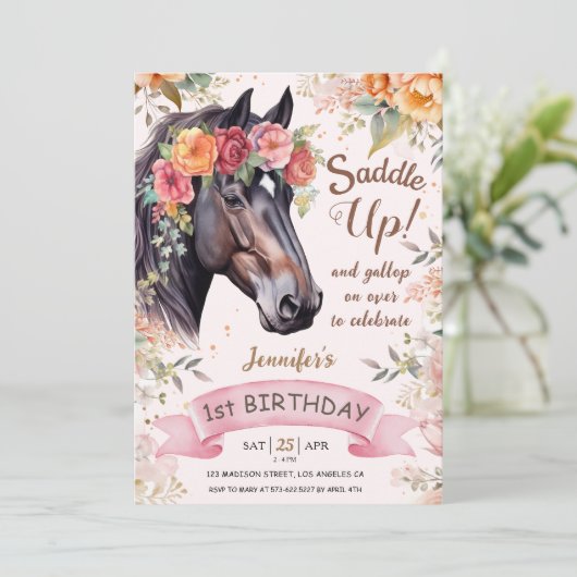 Meisjes Paard 1e Verjaardag Roze Cowgirl Saddle Up Kaart (Staand voorkant)