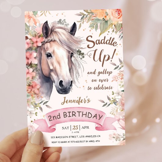 Meisjes Paard 2e Verjaardag Bloemen Wild Saddle Up Kaart