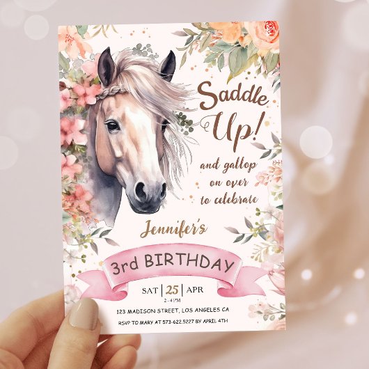 Meisjes Paard 3e Verjaardag Bloemen Wild Saddle Up Kaart