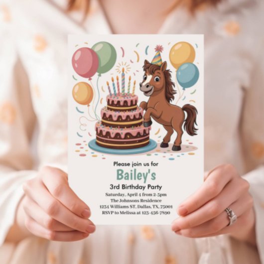 Meisjes Paard 3e Verjaardag Party Kaart