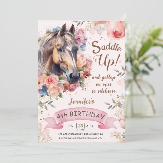 Meisjes Paard 4e Verjaardag Cowgirl Zadel omhoog! Kaart (Staand voorkant)