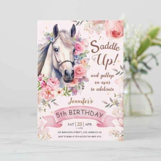 Meisjes Paard 5e verjaardag Bloom Bloemen Saddle U Kaart (Staand voorkant)
