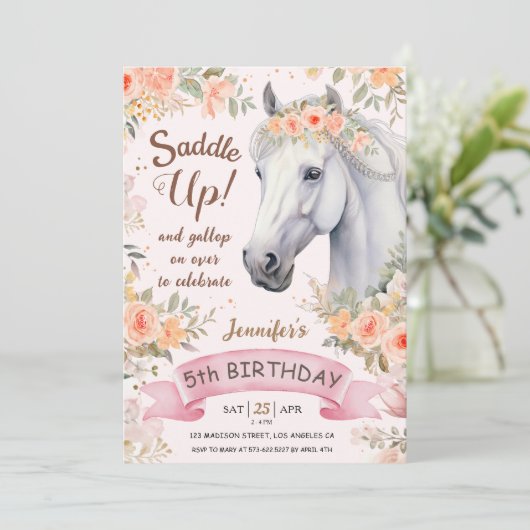 Meisjes Paard 5e verjaardag roze bloemzadel omhoog Kaart (Staand voorkant)