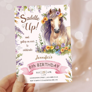 Meisjes Paard 6de Verjaardag Paars Bloemstuk Zadel Kaart