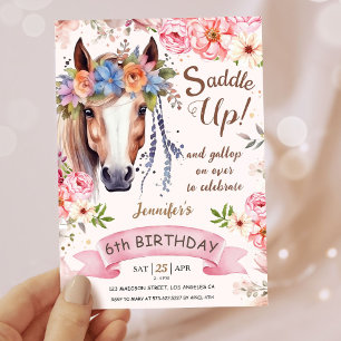 Meisjes Paard 6e Verjaardag Roze Bloem Cowgirl Kaart