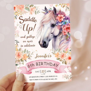 Meisjes Paard 6e Verjaardag Roze Bloemen Zadel Op! Kaart