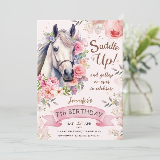 Meisjes Paard 7e verjaardag Bloom Bloemen Saddle U Kaart (Staand voorkant)