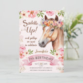 Meisjes Paard 7e verjaardag Floral zadel omhoog! Kaart (Staand voorkant)