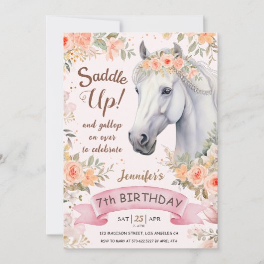 Meisjes Paard 7e verjaardag roze bloemen zadel omh Kaart (Voorkant)