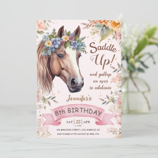 Meisjes Paard 8e verjaardag roze bloemzadel omhoog Kaart (Staand voorkant)