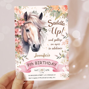 Meisjes Paard 9e verjaardag Floral Wild Zadel Omho Kaart
