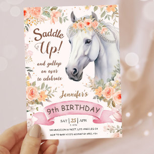 Meisjes Paard 9e verjaardag roze bloemen zadel omh Kaart