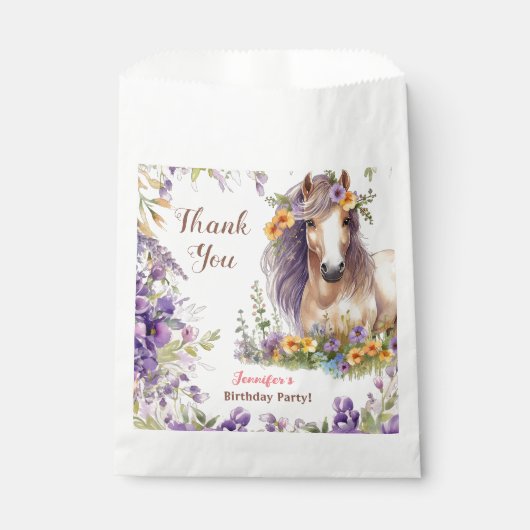 Meisjes Paard Verjaardagsfeest Paarse Bloemen Bedankzakje (Voorkant)