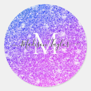 Meisjes Paars en Roze Glitter Monogram     NaamCla Ronde Sticker