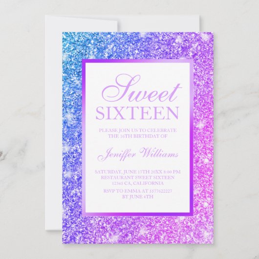Meisjes Paars en Roze Glitter Sweet 16 Kaart (Voorkant)