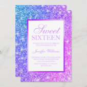 Meisjes Paars en Roze Glitter Sweet 16 Kaart (Voorkant / Achterkant)