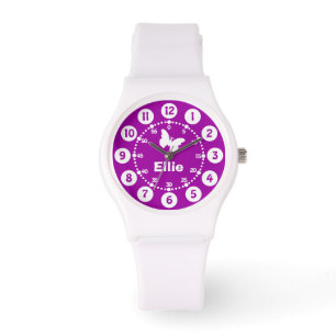 Meisjes paars en wit, korte naam, polshorloge horloge