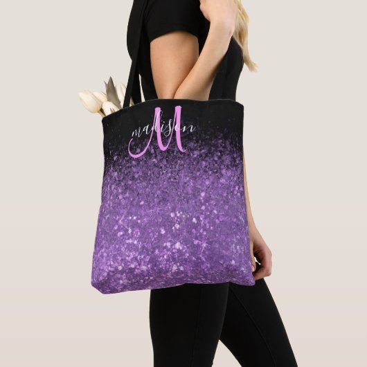 Meisjes Paars en zwart glitter Sparkle Monogram Tote Bag (Dichtbij)