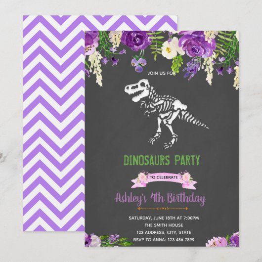 Meisjes-paarse-bloemdinosaurusuitnodiging Kaart (Voorkant / Achterkant)