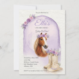 Meisjes Paarse Bloemen Paard Verjaardagsuitnodigin Kaart