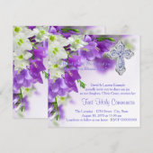 Meisjes Paarse Bloemenkruis Eerste Communie Kaart (Voorkant / Achterkant)