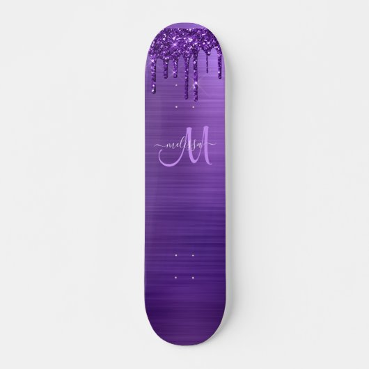 Meisjes Paarse driften Glitter Monogram Naam Persoonlijk Skateboard (Voorkant)