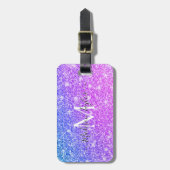Meisjes Paarse en Roze Glitter Monogram Naam Bagagelabel (Voorkant verticaal)