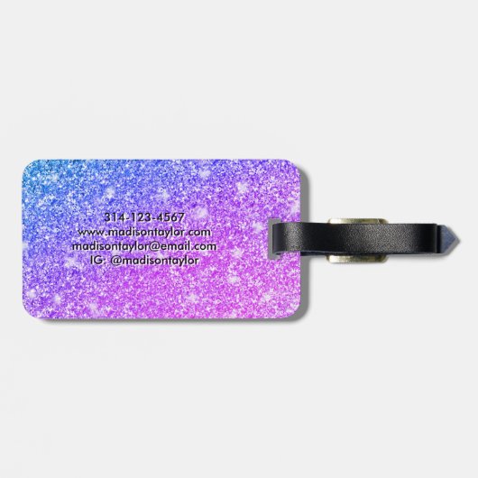Meisjes Paarse en Roze Glitter Monogram Naam Bagagelabel (Achterkant horizontaal)