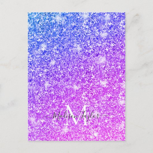 Meisjes Paarse en Roze Glitter Monogram Naam Briefkaart (Voorkant)