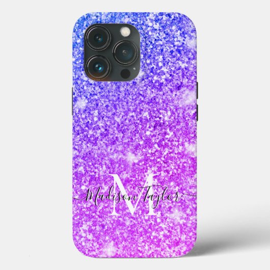 Meisjes Paarse en Roze Glitter Monogram Naam Case-Mate iPhone Case (Achterkant)