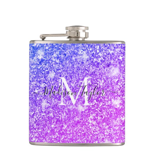 Meisjes Paarse en Roze Glitter Monogram Naam Heupfles (Voorkant)