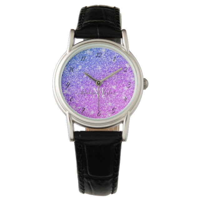 Meisjes Paarse en Roze Glitter Monogram Naam Horloge (Voorkant)