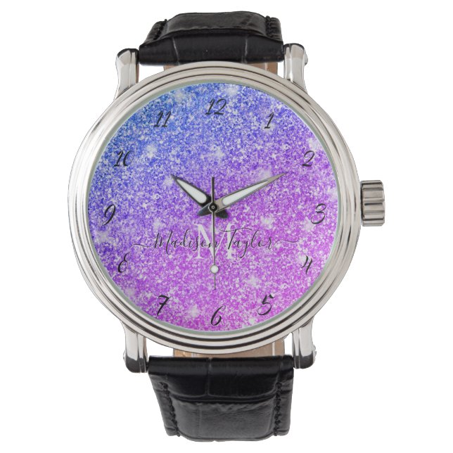 Meisjes Paarse en Roze Glitter Monogram Naam Horloge (Voorkant)
