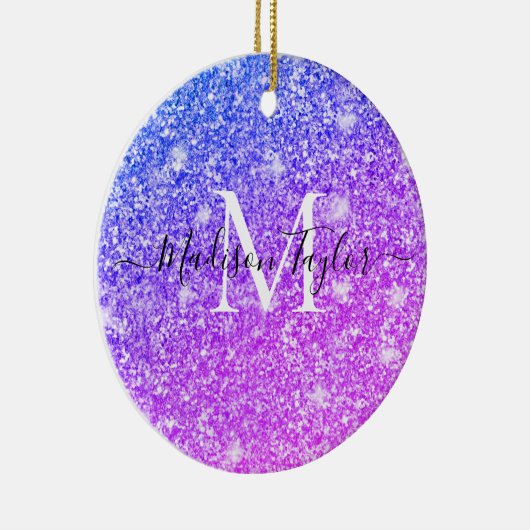 Meisjes Paarse en Roze Glitter Monogram Naam Keramisch Ornament (Rechts)