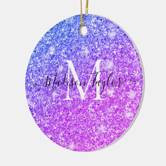Meisjes Paarse en Roze Glitter Monogram Naam Keramisch Ornament (Links)