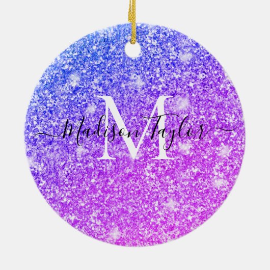 Meisjes Paarse en Roze Glitter Monogram Naam Keramisch Ornament (Achterkant)