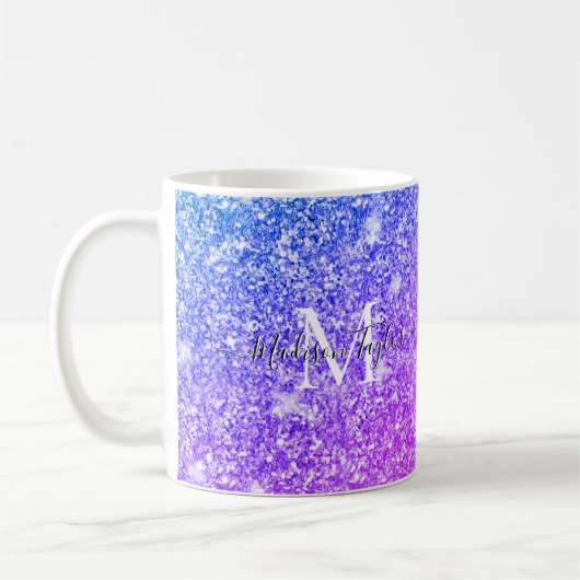 Meisjes Paarse en Roze Glitter Monogram Naam Koffiemok (Links)