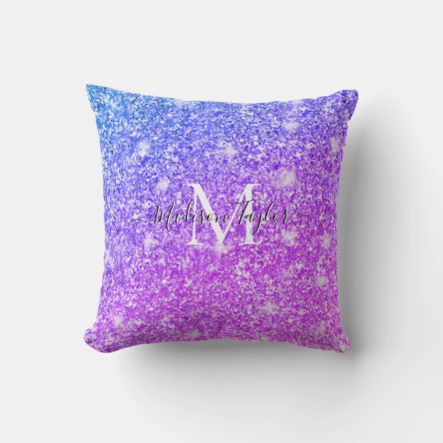 Meisjes Paarse en Roze Glitter Monogram Naam Kussen (Voorkant)