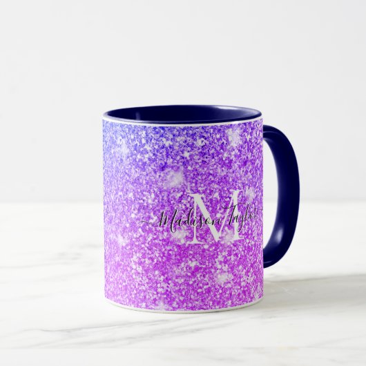 Meisjes Paarse en Roze Glitter Monogram Naam Mok (Voorkant rechts)