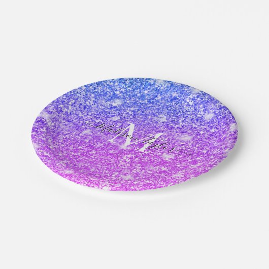 Meisjes Paarse en Roze Glitter Monogram Naam Papieren Bordje (Gekanteld)