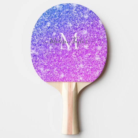 Meisjes Paarse en Roze Glitter Monogram Naam Tafeltennisbatje (Voorkant)