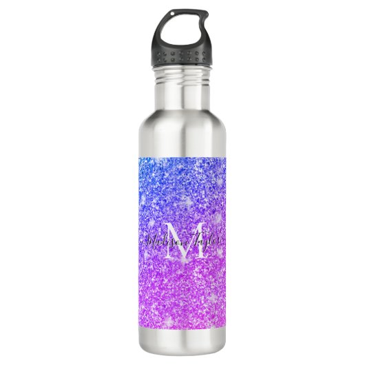 Meisjes Paarse en Roze Glitter Monogram Naam Waterfles (Voorkant)