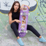 Meisjes Paarse familie Foto collage Persoonlijk Skateboard<br><div class="desc">Het skateboard is het perfecte cadeau voor de trendy en familiegerichte vrouwen van vandaag. Esthetisch is het ontworpen om opvallend en aantrekkelijk te zijn voor meisjesachtige smaken - met een gladde en levendige paarse achtergrond, omgeven door witte sterren en gepersonaliseerd met vier familiefoto's en een initiaal en naam naar keuze....</div>