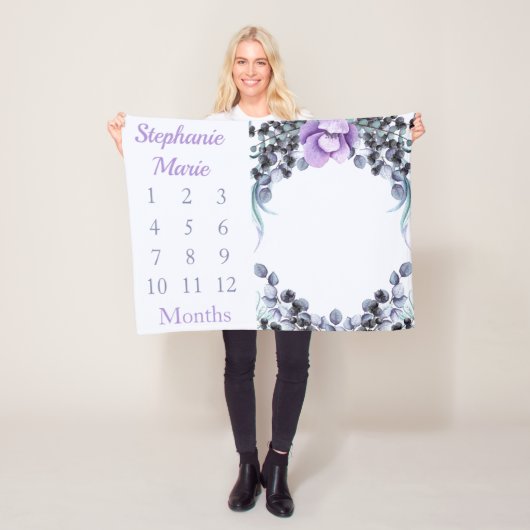 Meisjes Paarse Floral Baby Girl Milestone Baby Fleece Deken (In situ)