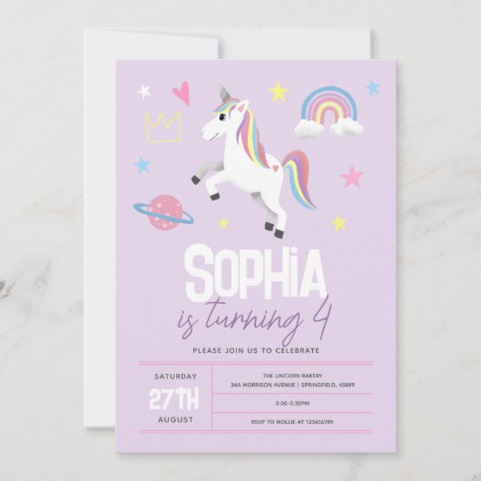 Meisjes Paarse Girly Eenhoorn Kinder 4e Verjaardag Kaart (Voorkant)