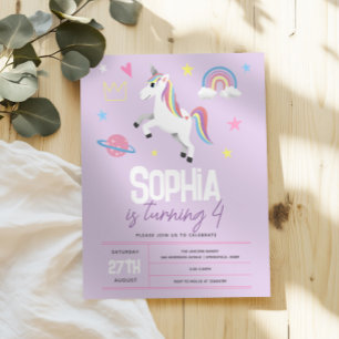 Meisjes Paarse Girly Eenhoorn Kinder 4e Verjaardag Kaart