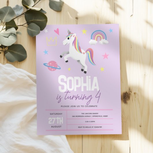 Meisjes Paarse Girly Eenhoorn Kinder 4e Verjaardag Kaart