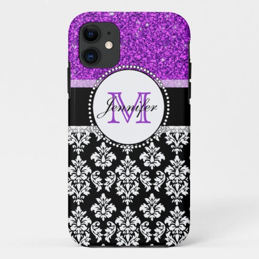 Meisjes Paarse Glitter Black Damask gepersonalisee Case-Mate iPhone Case (Achterkant)