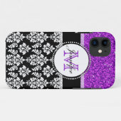 Meisjes Paarse Glitter Black Damask gepersonalisee Case-Mate iPhone Case (Achterkant (horizontaal))